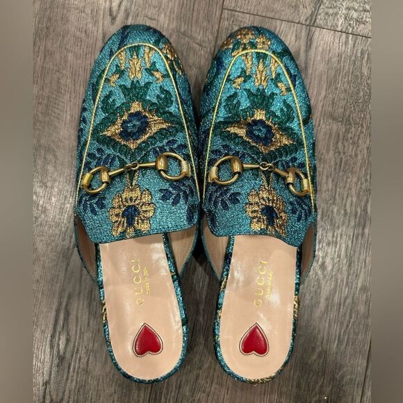 Gucci Princetown Slipper Slides Blue Gold Horsebit Mules - Picture 8 of 10